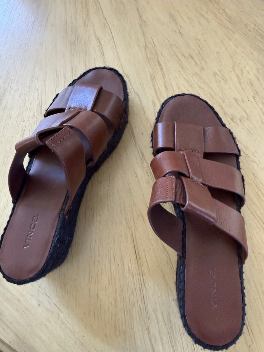 Vince Brown Leather Woven Espadrille Slide Sandals - Picture 2 of 5